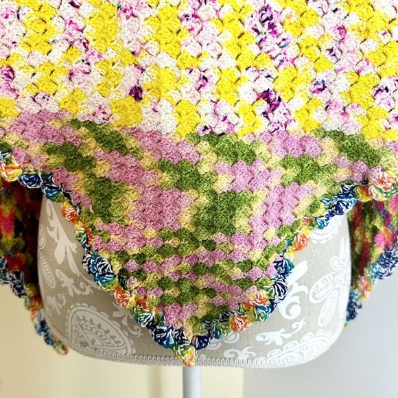 Triangle Shawl‎ Wrap Scarf Handmade Crocheted  Bright Colors Pink Yellow Blues - Picture 6 of 11